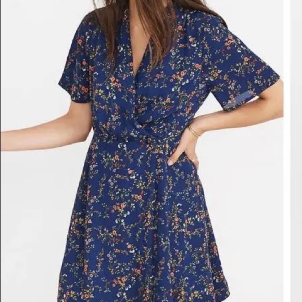 Madewell Amaranth wrap dress with ditzy floral print and short sleeves.